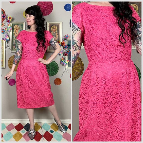 Vintage Dresses & Skirts - Vintage 1960s Pink Floral Lace Short Sleeve Sheath Dress